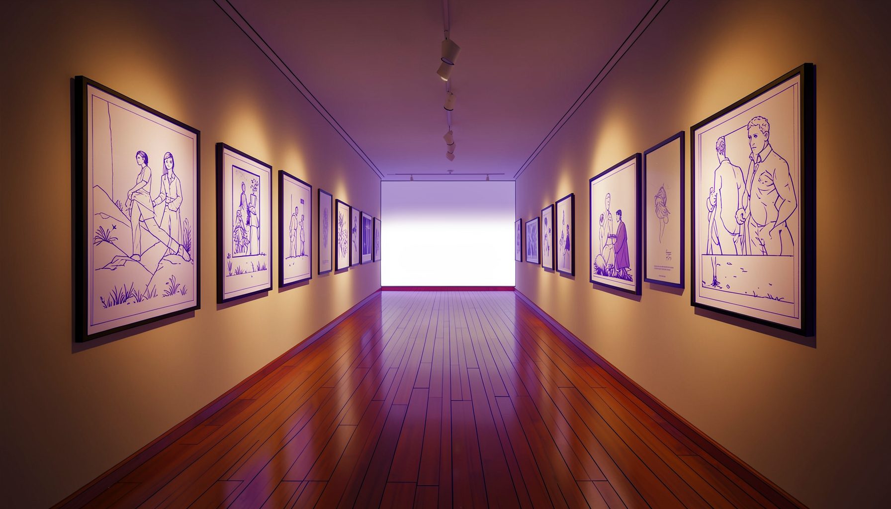 A dimly lit gallery hallway with framed artworks on both walls, warm amber spotlighting, and polished wooden floorboards stretching into the distance