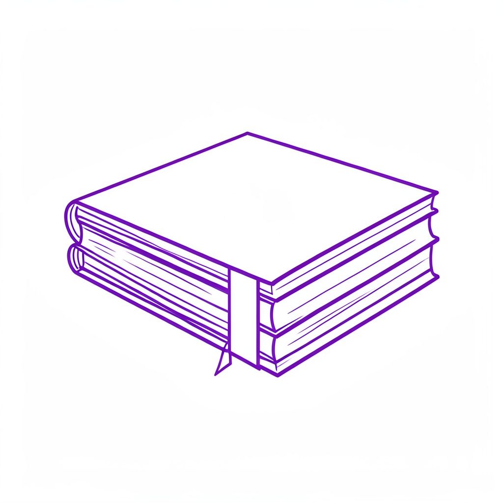 A minimal line drawing of a stack of books with a bookmark ribbon, simple monochrome illustration