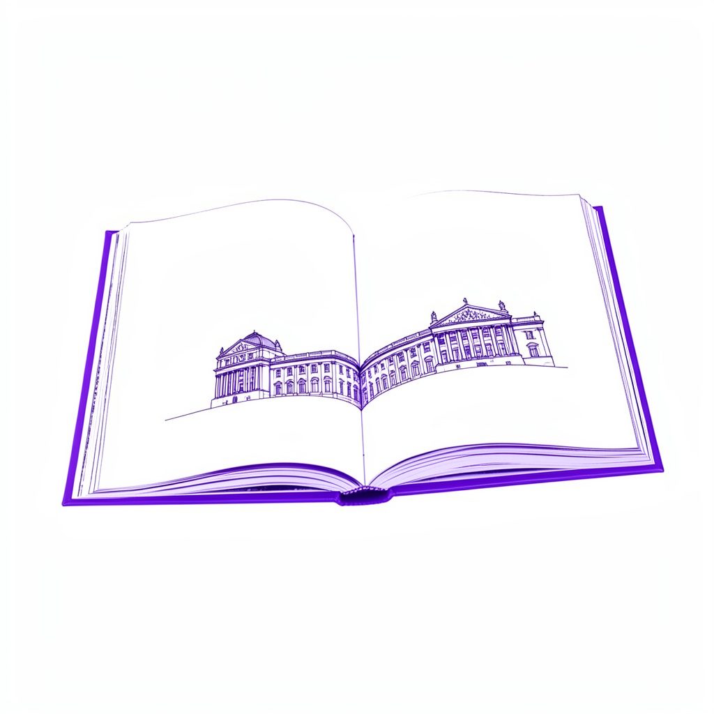 A minimal line drawing of an open book with a museum building silhouette on the cover, monochrome ink style