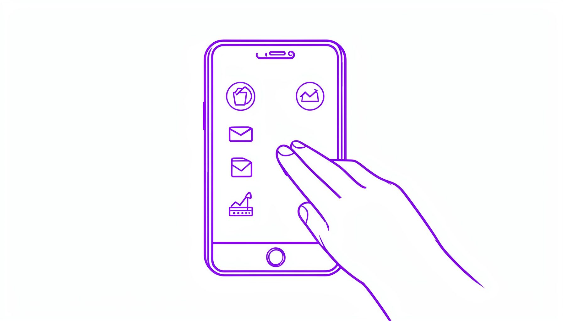 A simple line drawing of a smartphone displaying banking icons, with a hand tapping the screen