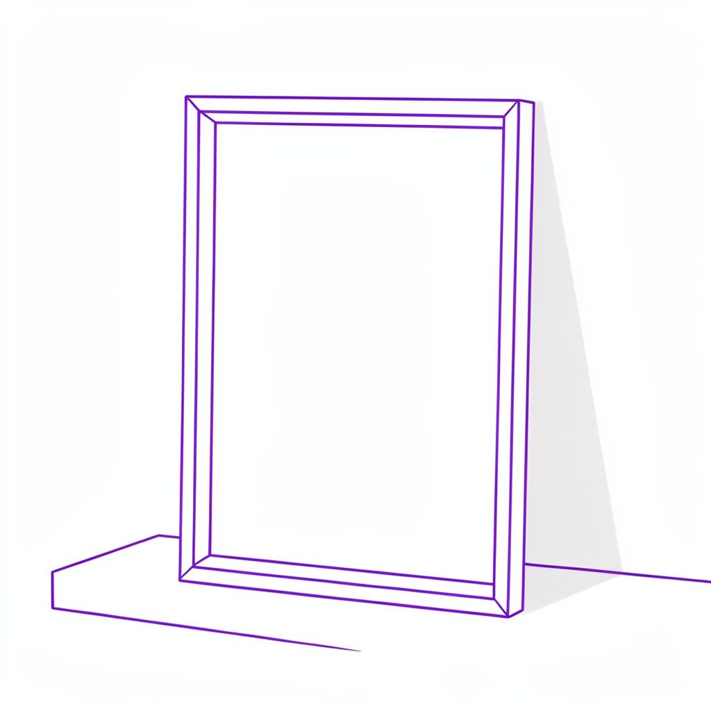 A minimal line drawing of a framed art print leaning on a shelf, simple monochrome illustration